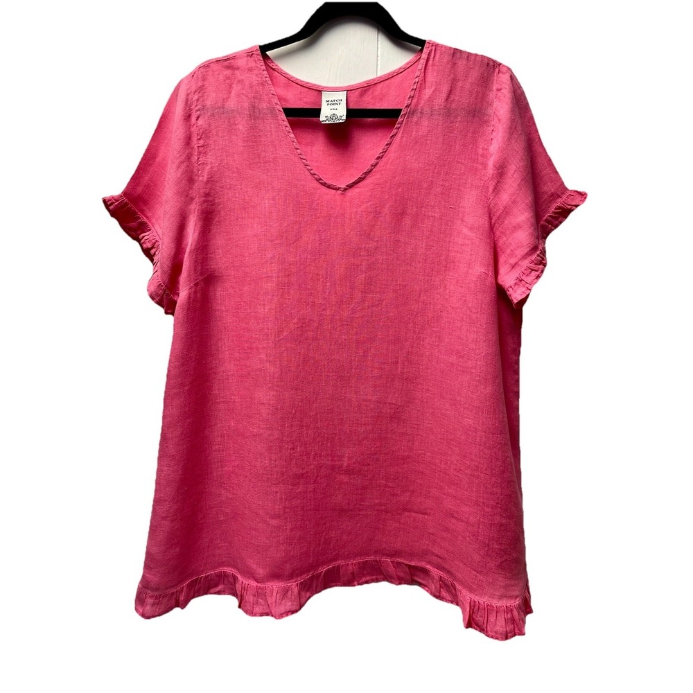 Match Point USA L Pink Linen Tunic Blouse Ruffles Fairy‎ Beachy Coastal Resort